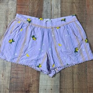 Anthropologie Lemon Shorts Purple Embroidered Elastic Waist Pockets Size Medium